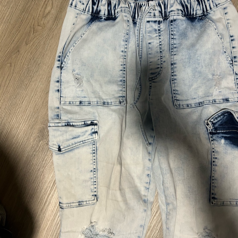 Light Wash Distressed Cargo Jeans